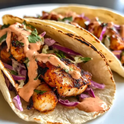 Blackened Fish Tacos with Cilantro Slaw and Sriracha Mayo